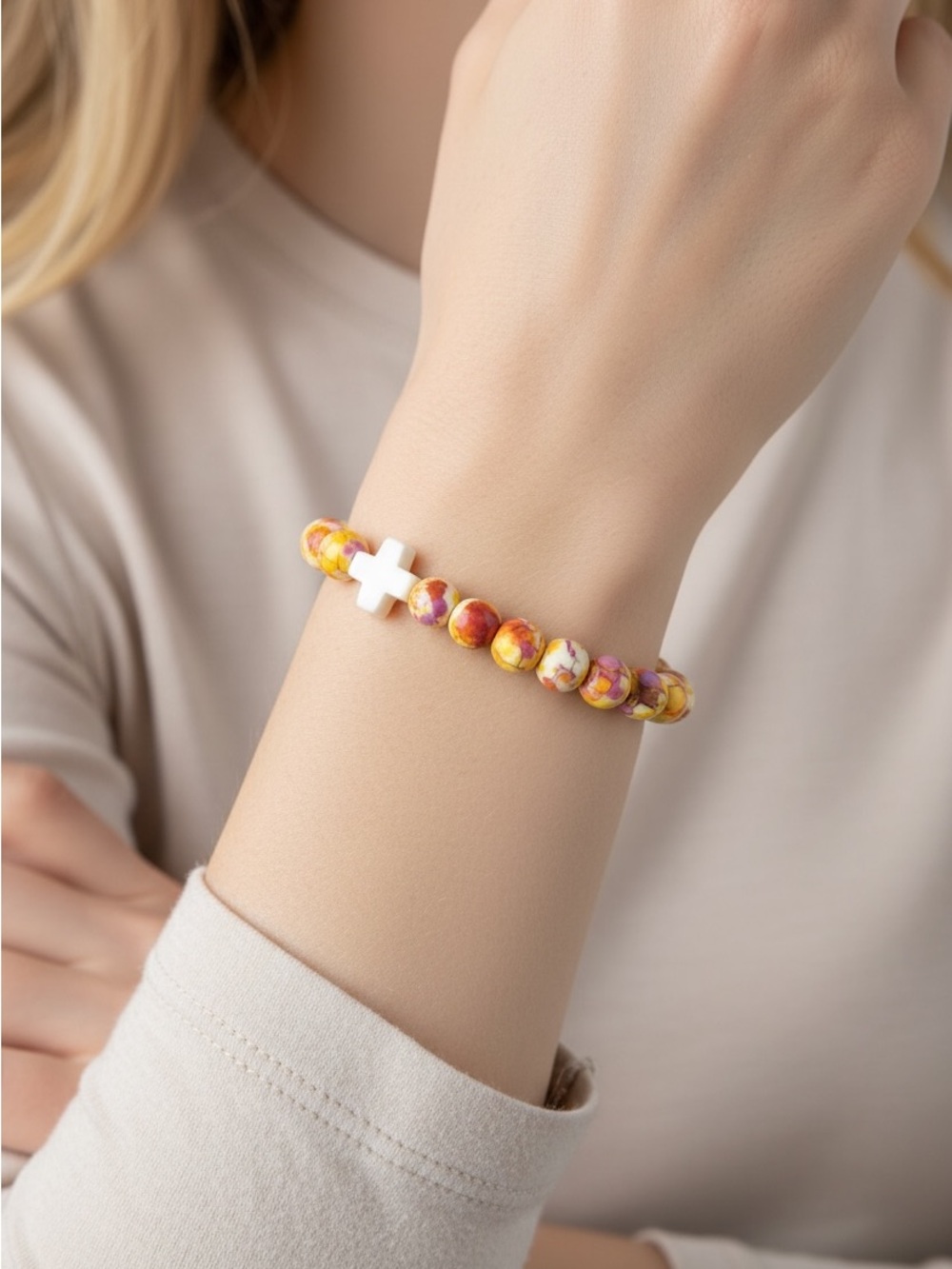 9/20 Beaded Cross Stretch Bracelet - Yellow Pink Stone Beads